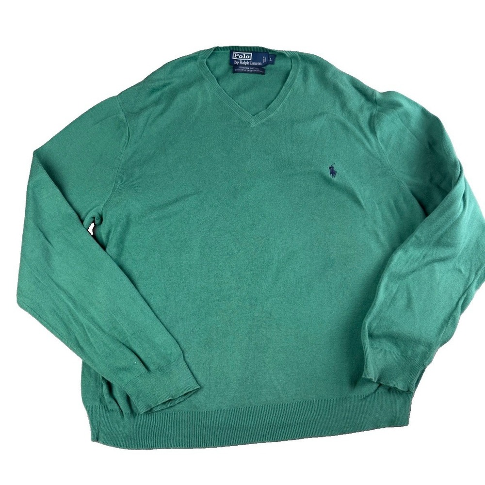 Polo Ralph Lauren Men L V-Neck Sweater  Green Pony Pima Cotton